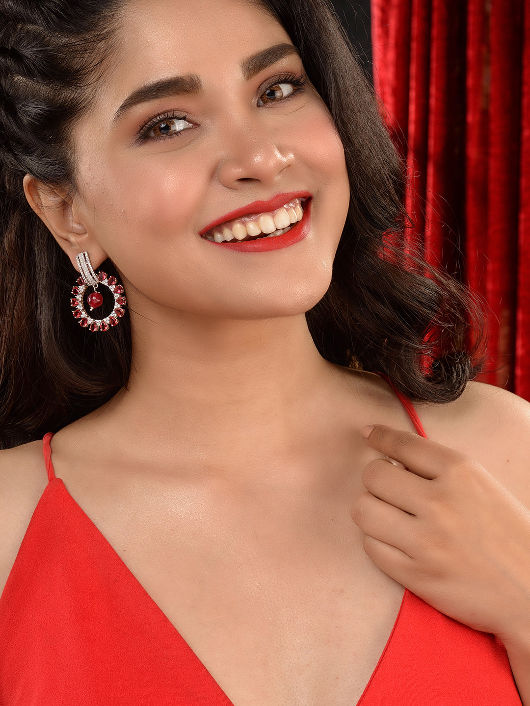 Silver Plated Red AD studded Statement Hoop Earring, zaveri pearls, sale price rs, sale price, sale gold plated, sale gold, sale, rubans, ring, regular price, priyassi jewellery, kushal's - S